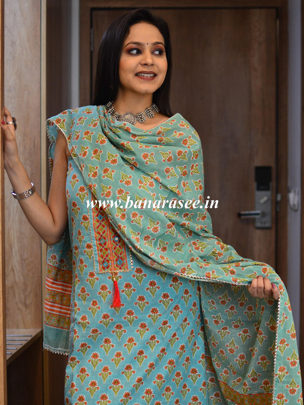 Pure Handloom Mul Cotton Sanganeri Block Printed Gotapatti Suit Set-Blue