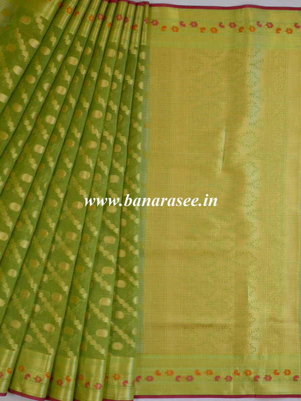 Banarasee Cotton Silk Mix Kota Checks Saree With Stripes Design-Green