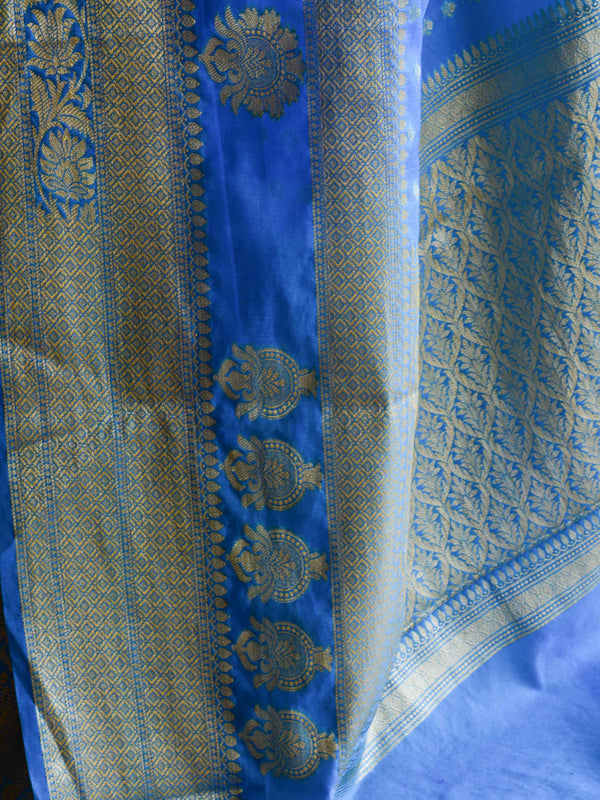 Banarasee Handwoven Semi-Chiffon Saree With Floral Border & Buti-Blue