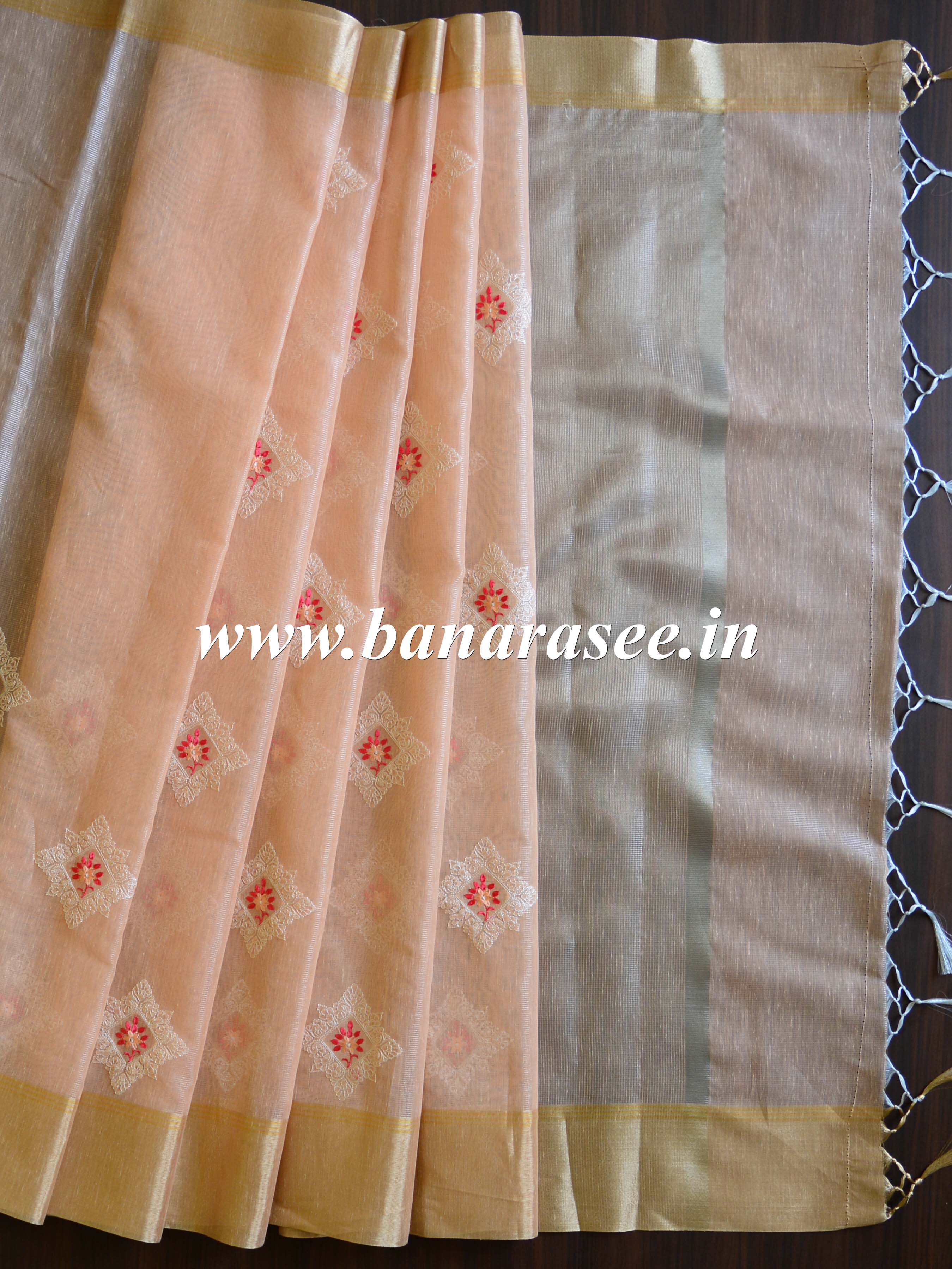 Banarasee Cotton Silk Saree With Embroidered Buta & Zari Border-Peach