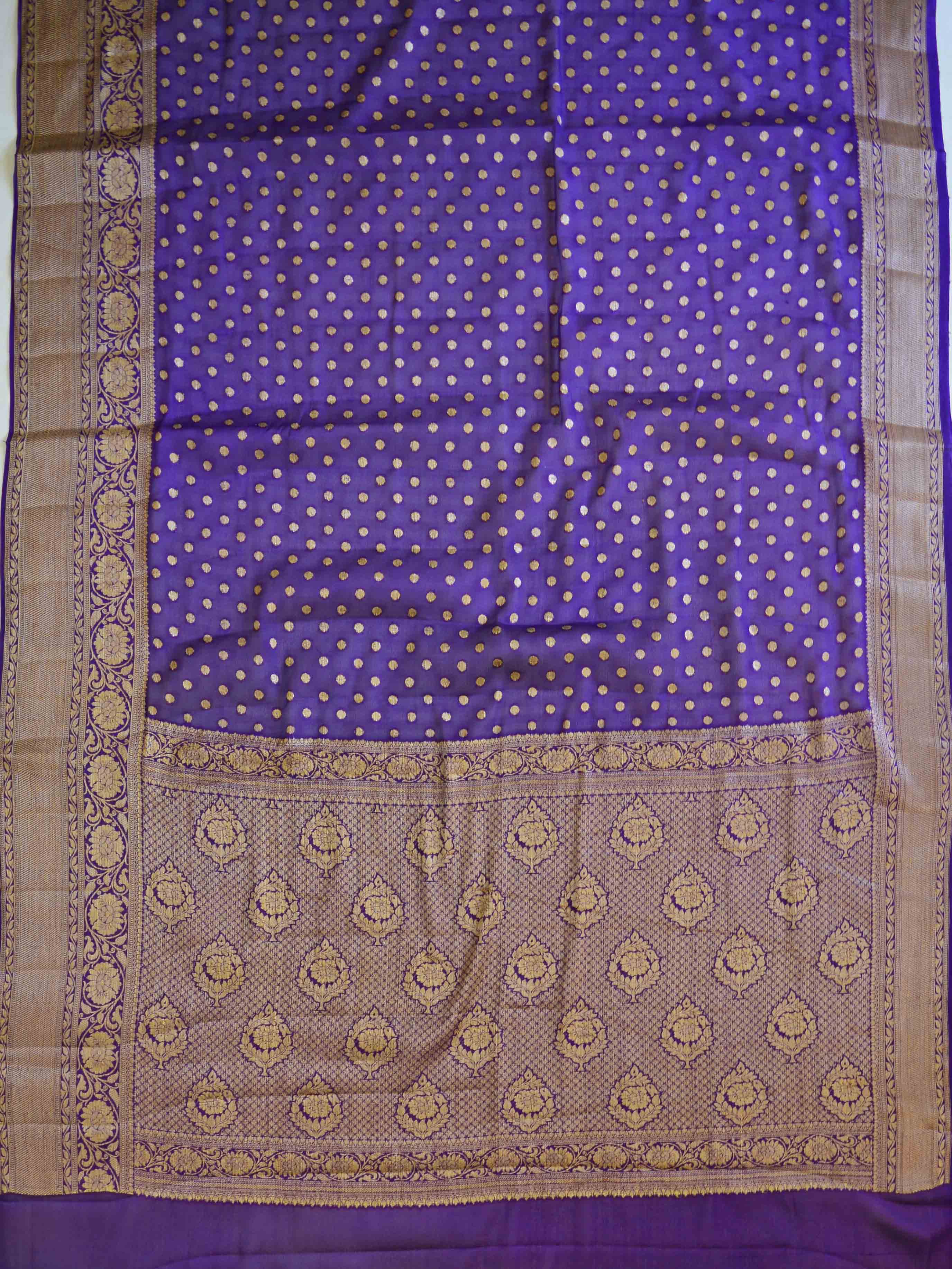 Banarasee Chiffon Floral Zari Buti & Border Saree-Deep Blue