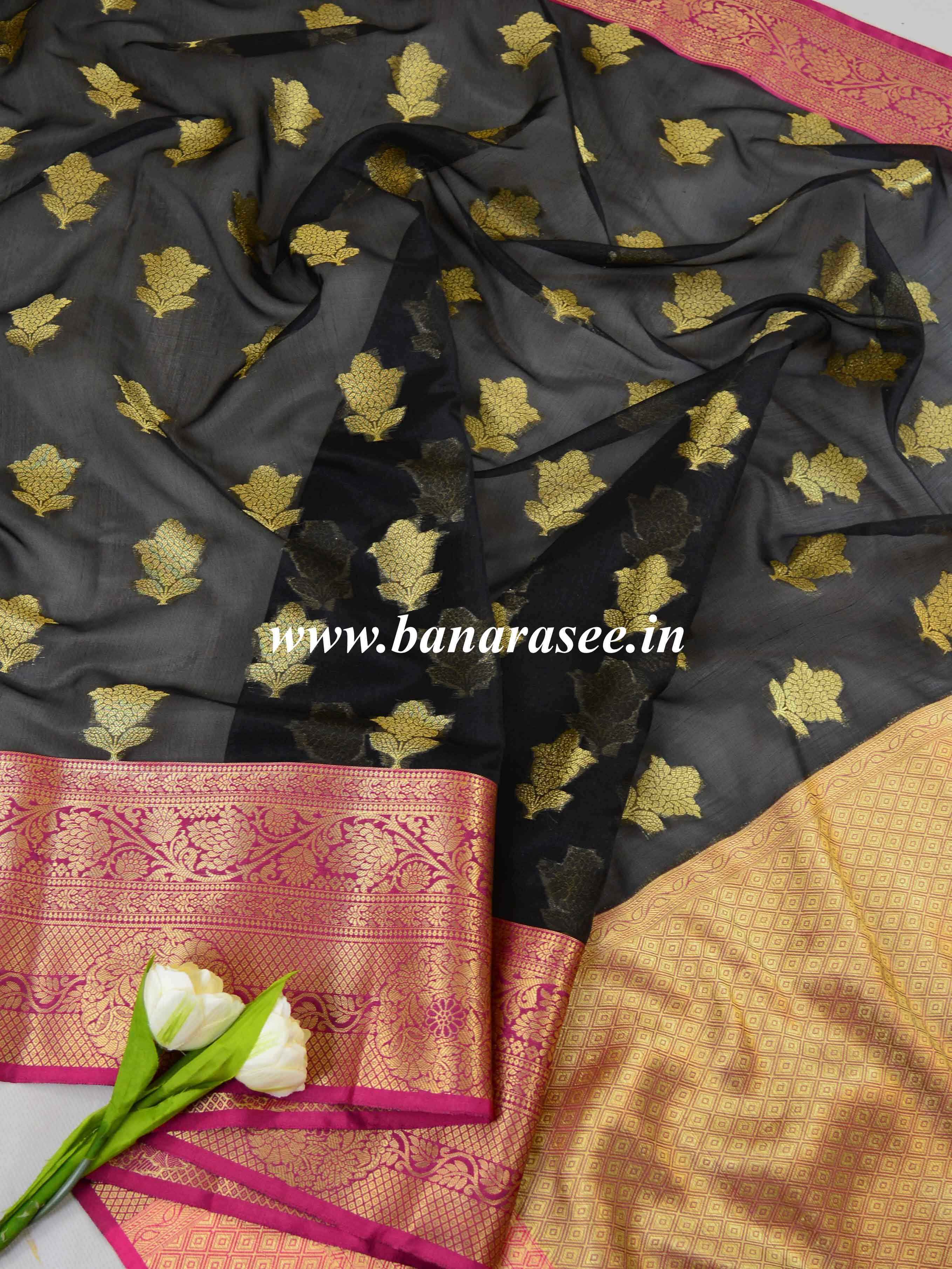 Banarasee Chanderi Cotton Saree With Buta Design & Broad Satin Border-Black & Pink