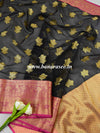 Banarasee Chanderi Cotton Saree With Buta Design & Broad Satin Border-Black & Pink