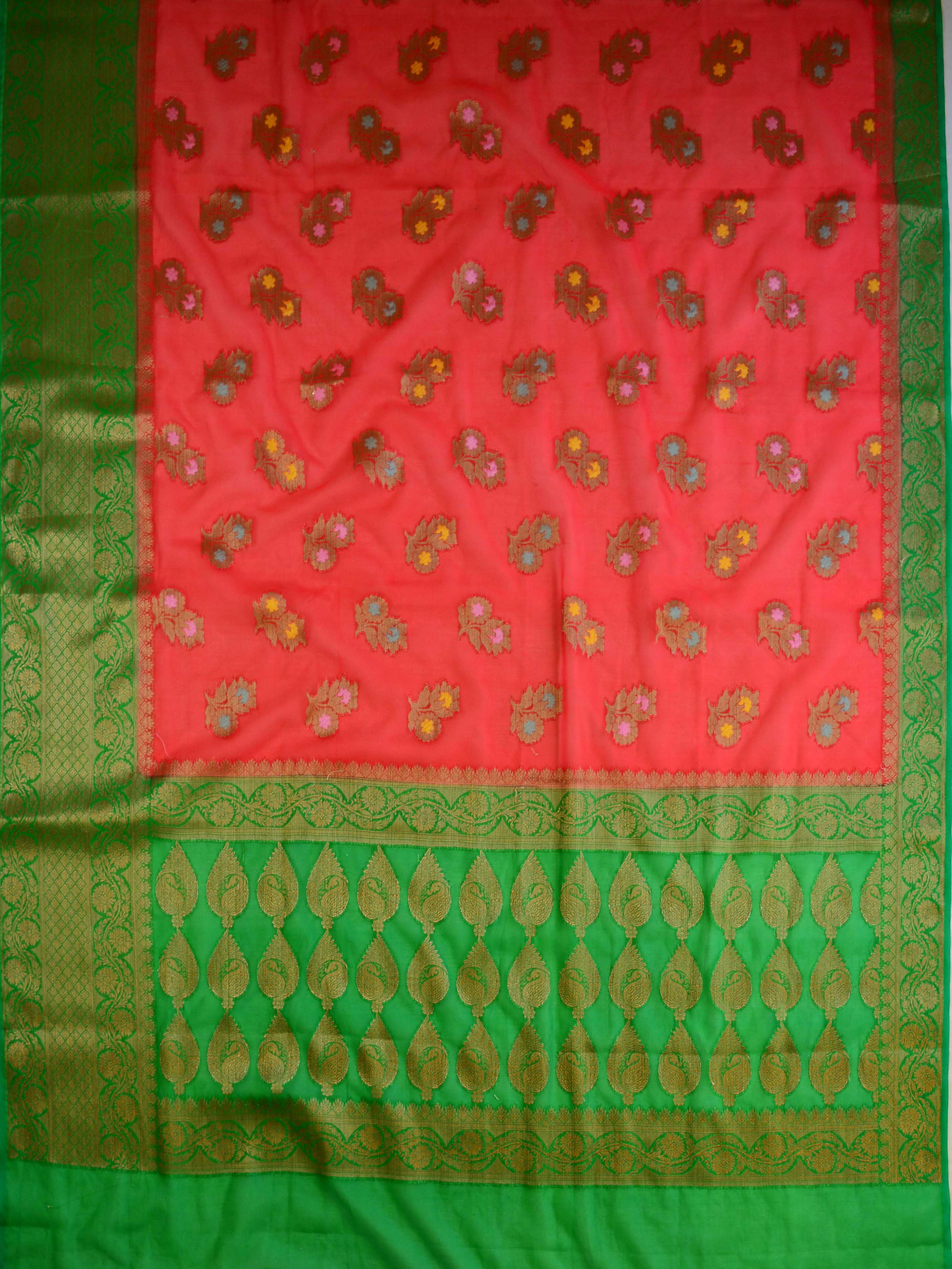 Banarasee Handwoven Semi Silk Saree With Antique Zari Buta Design-Red & Green