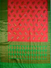 Banarasee Handwoven Semi Silk Saree With Antique Zari Buta Design-Red & Green