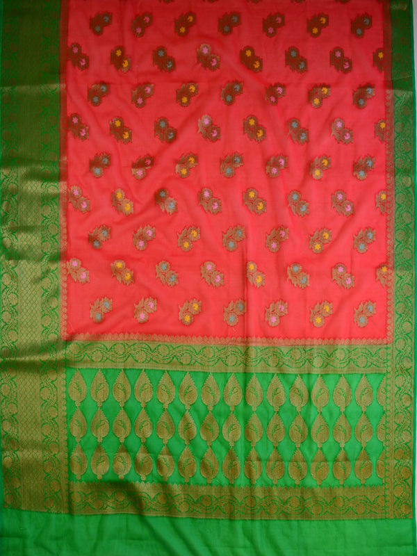 Banarasee Handwoven Semi Silk Saree With Antique Zari Buta Design-Red & Green