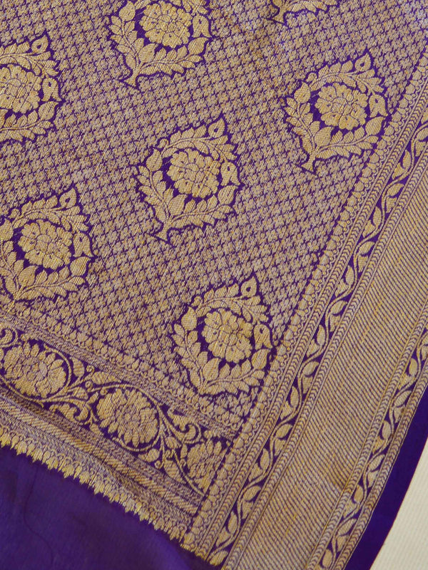 Banarasee Chiffon Floral Zari Buti & Border Saree-Deep Blue
