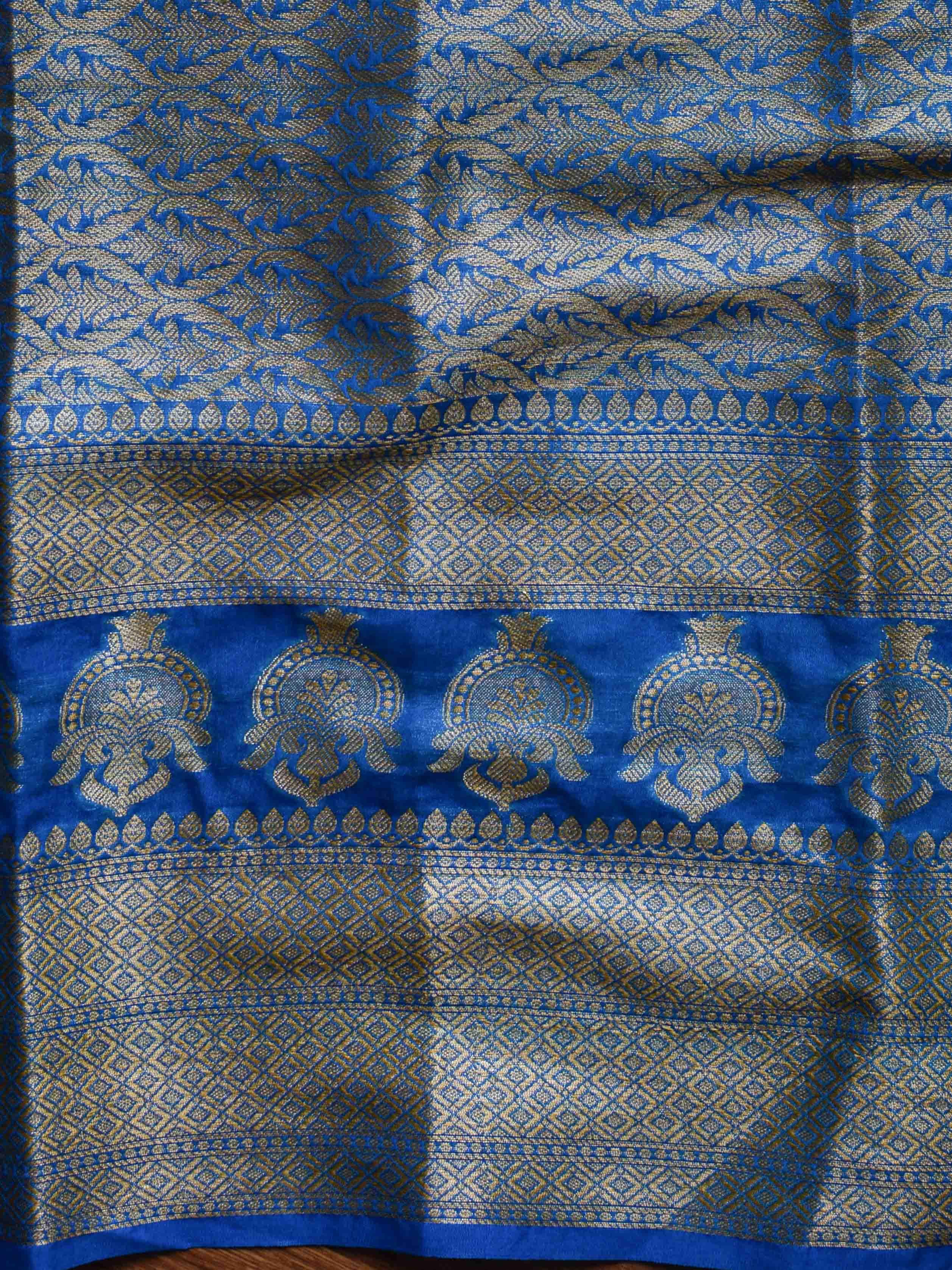 Banarasee Handwoven Semi-Chiffon Saree With Floral Border & Buti-Blue