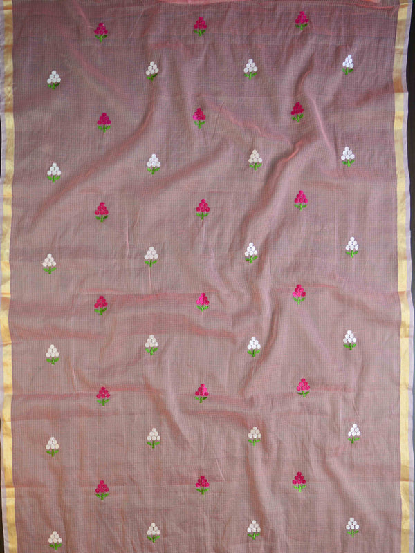 Banarasee Kota Doria Hand-Embroidered Salwar Kameez Dupatta Set-Pink