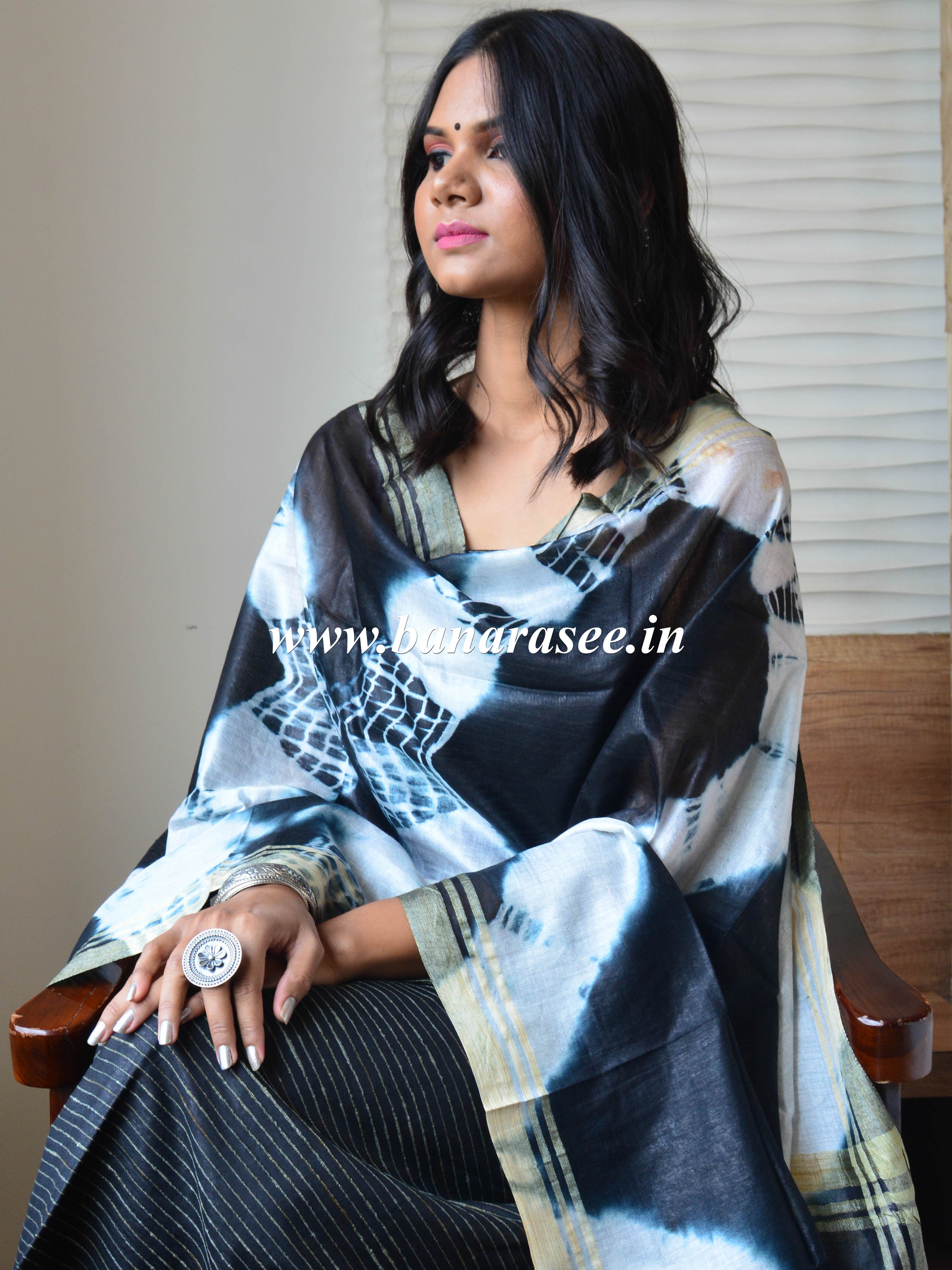 Bhagalpuri Silk Cotton Suit Set With Ghichha Jaal Kameez & Shibori Dupatta-Black