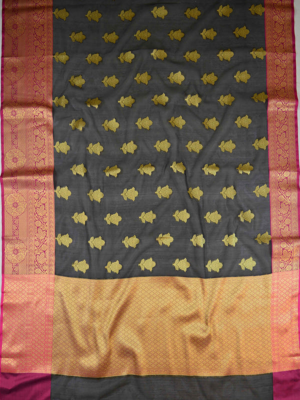 Banarasee Chanderi Cotton Saree With Buta Design & Broad Satin Border-Black & Pink