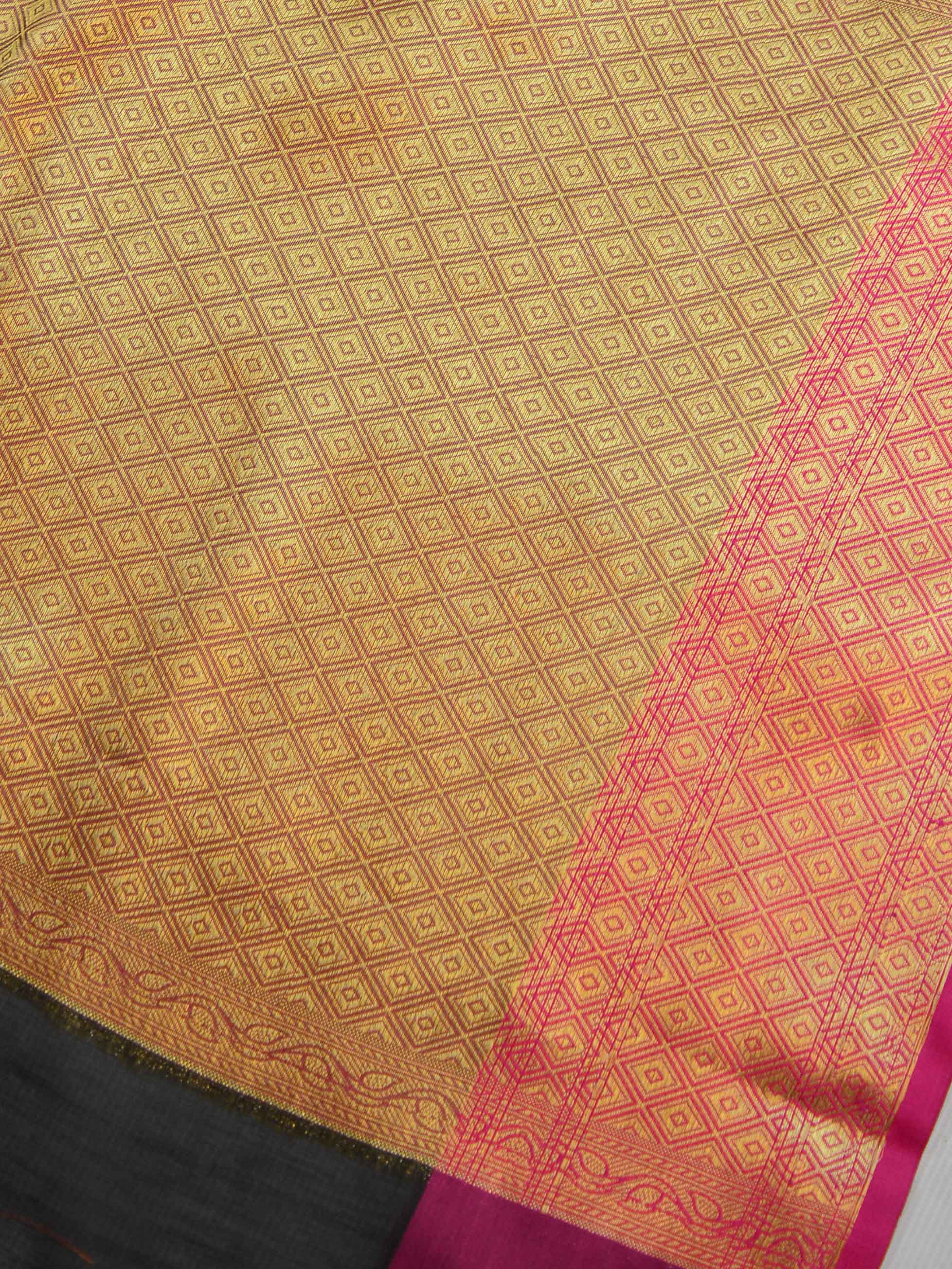Banarasee Chanderi Cotton Saree With Buta Design & Broad Satin Border-Black & Pink