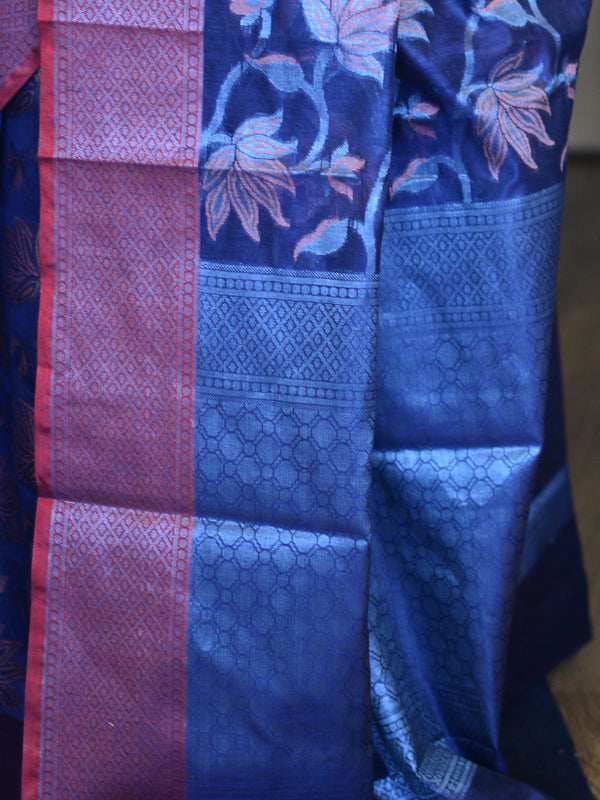 Banarasee Cotton Silk Saree With Resham Jaal & Zari Border-Blue