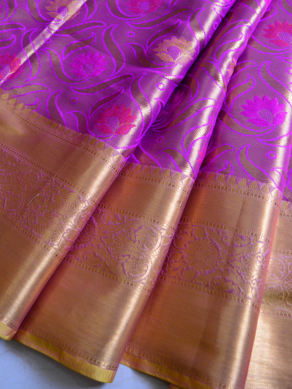 Banarasee Handwoven Semi Silk Saree With Jaal & Zari Border Design-Magenta