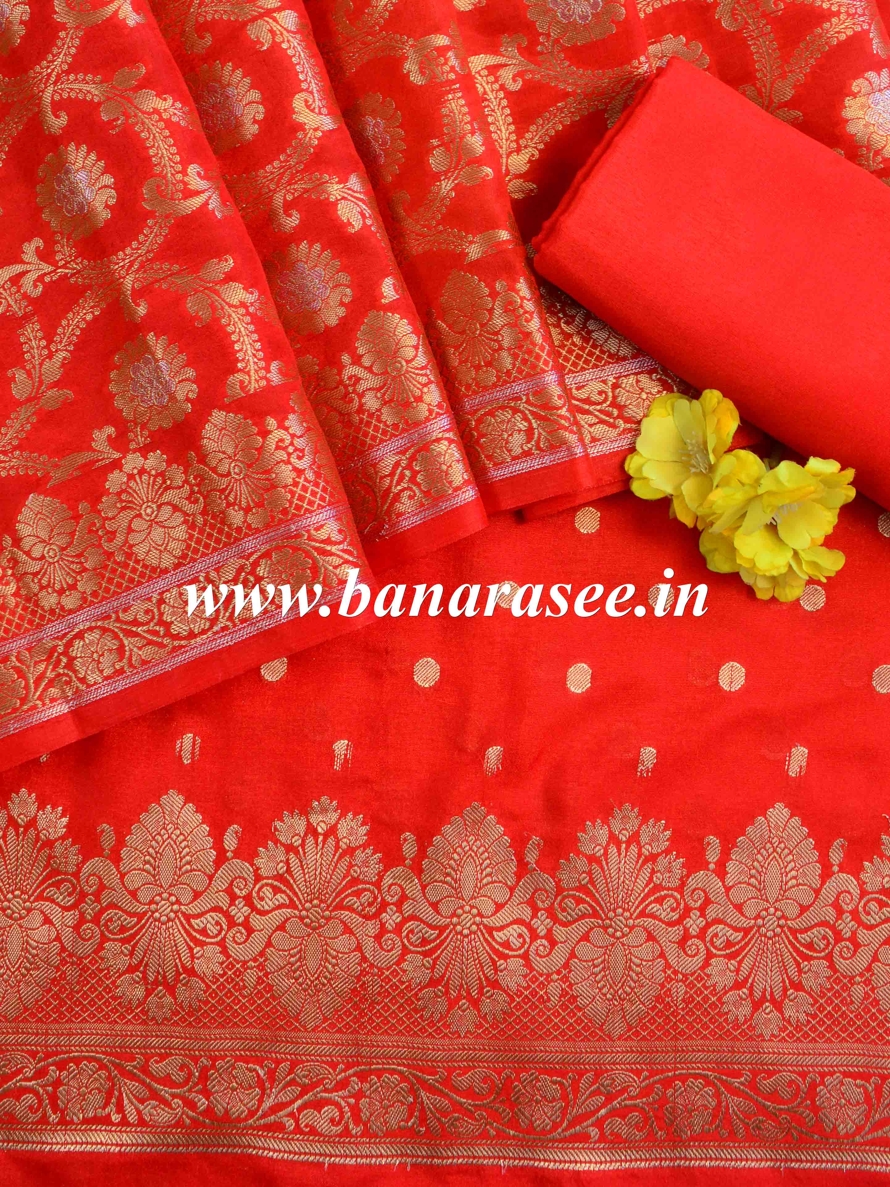 Banarasee Semi Katan Salwar Kameez Dupatta Set With Sona Rupa Zari Work-Red