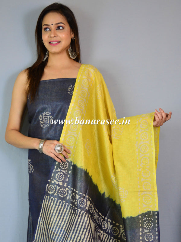 Handloom Khadi Cotton Hand-Dyed Batik Pattern Salwar Kameez Dupatta Set-Blue & Yellow