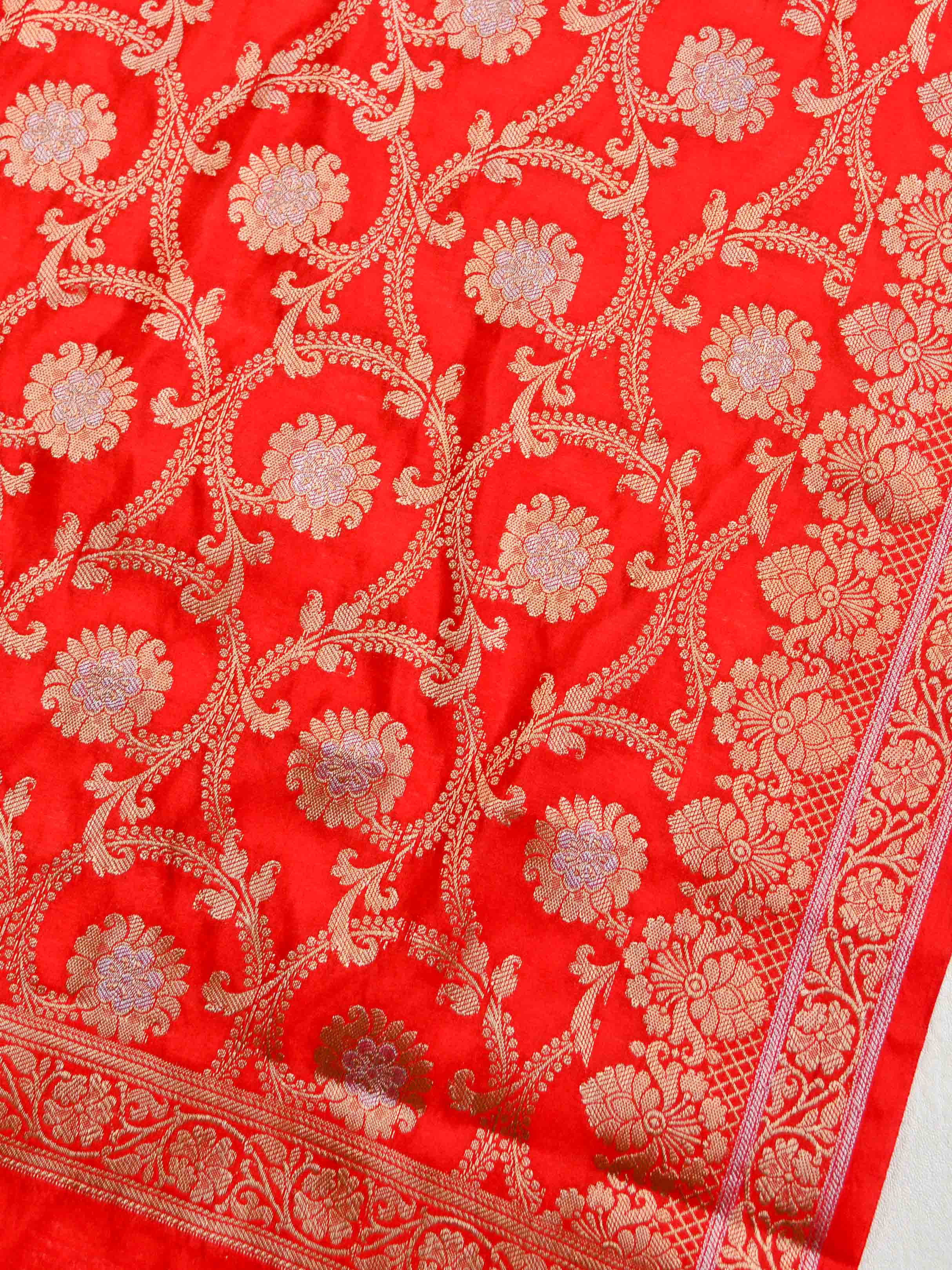 Banarasee Semi Katan Salwar Kameez Dupatta Set With Sona Rupa Zari Work-Red