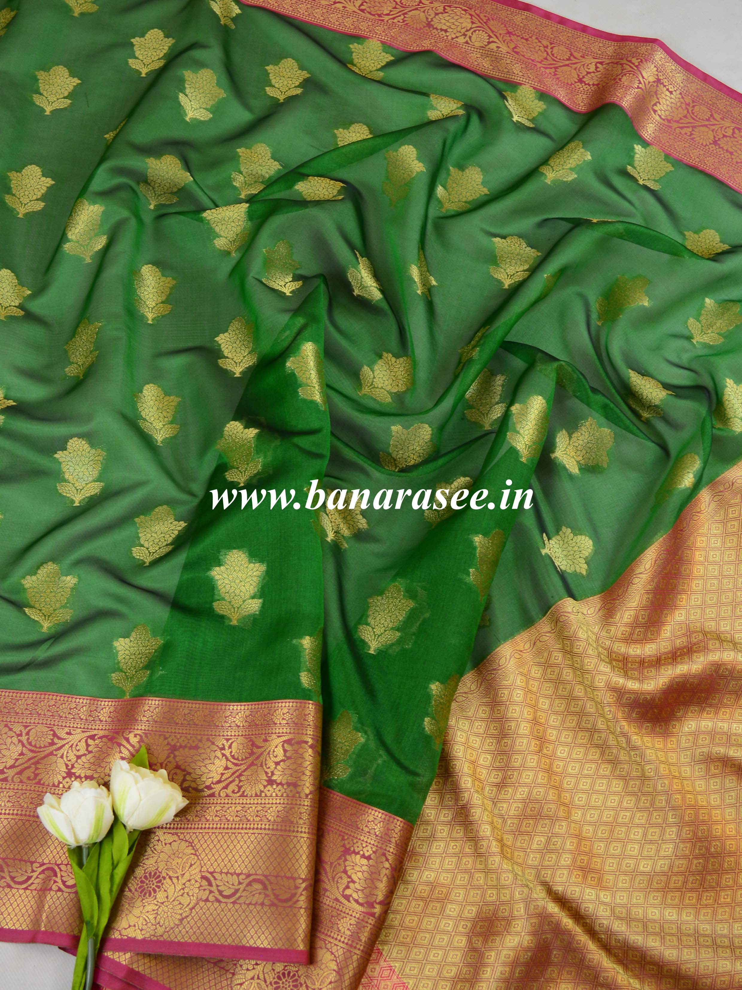 Banarasee Chanderi Cotton Saree With Buta Design & Broad Satin Border-Green
