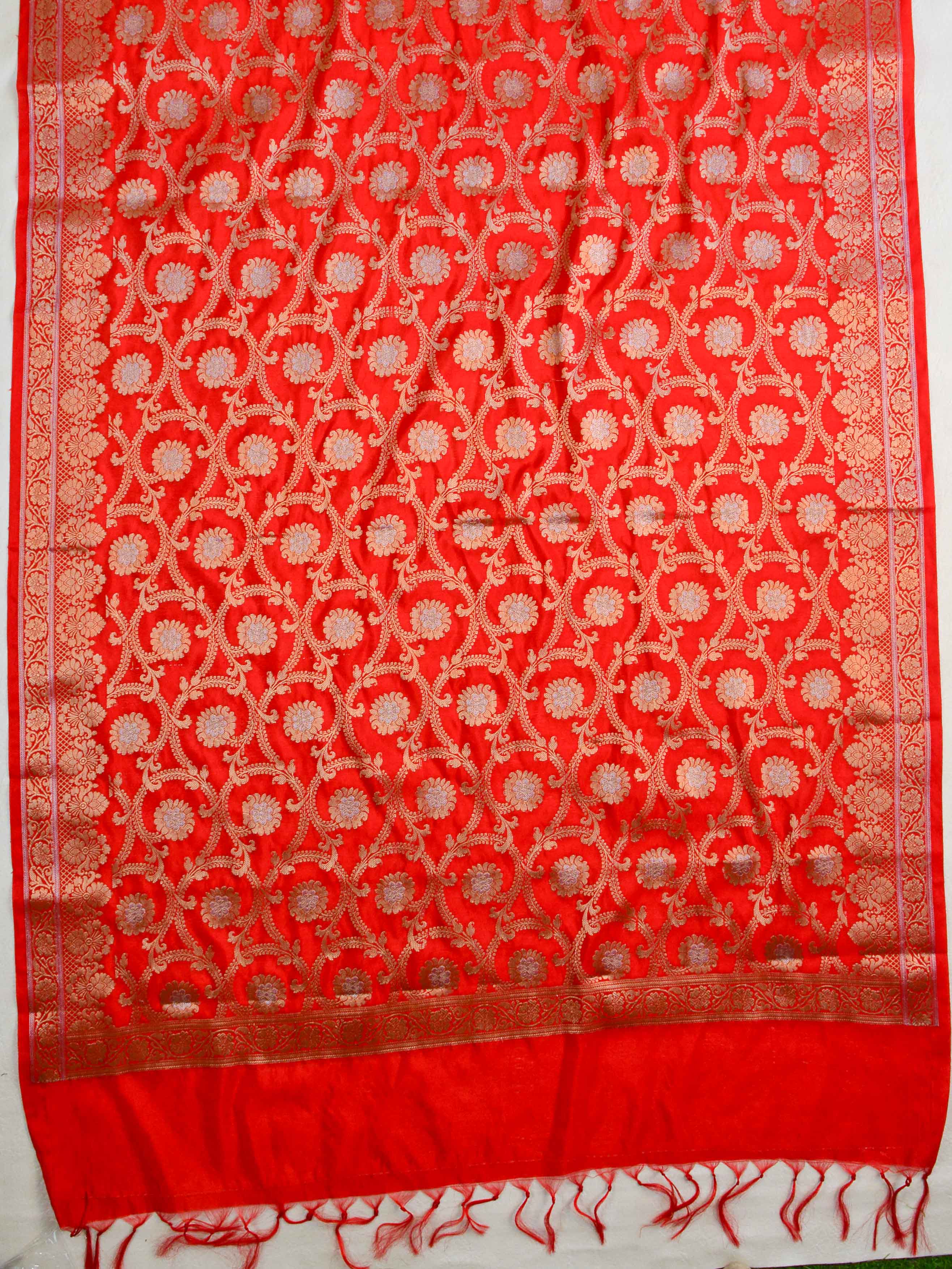 Banarasee Semi Katan Salwar Kameez Dupatta Set With Sona Rupa Zari Work-Red