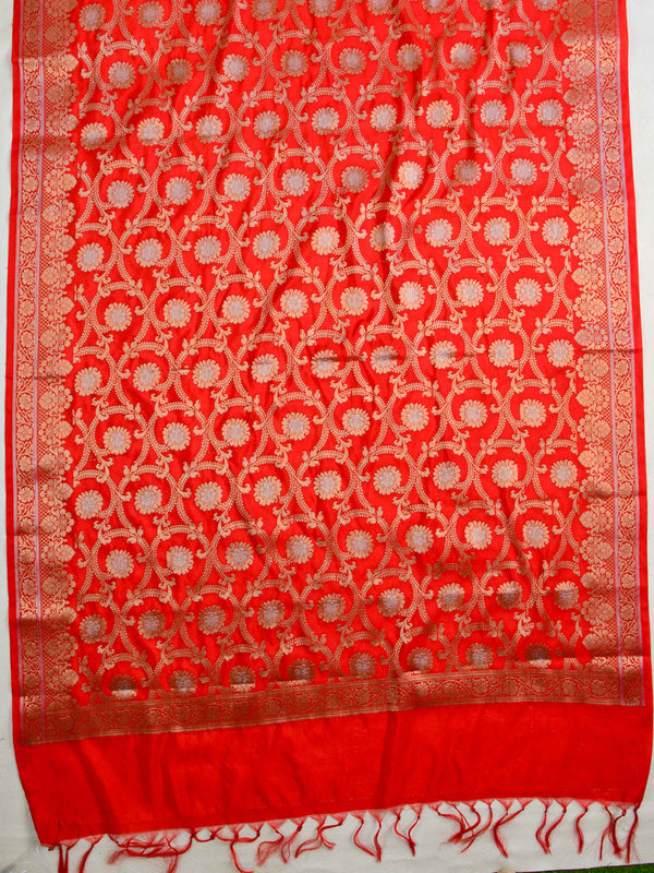 Banarasee Semi Katan Salwar Kameez Dupatta Set With Sona Rupa Zari Work-Red