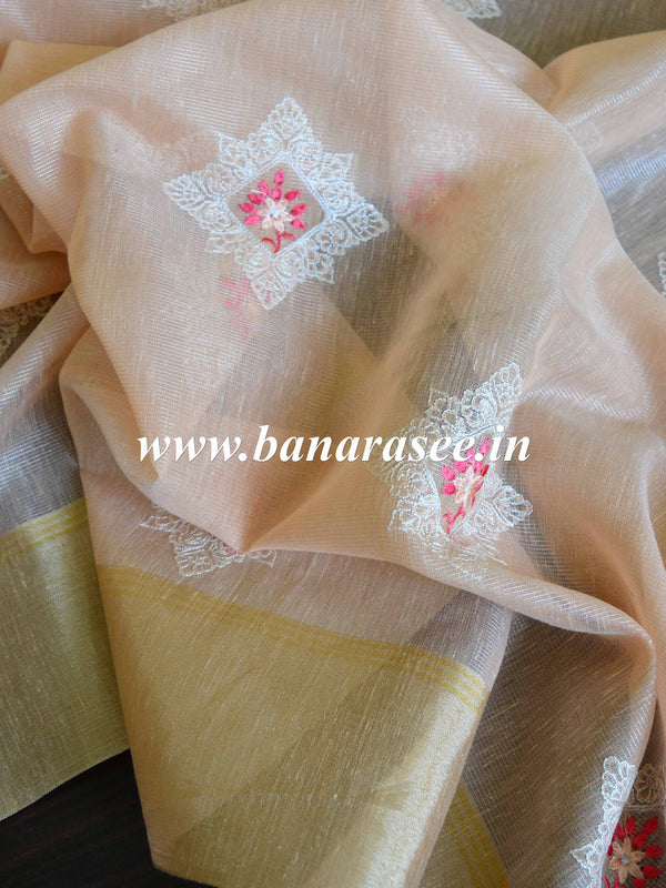 Banarasee Cotton Silk Saree With Embroidered Buta & Zari Border-Peach