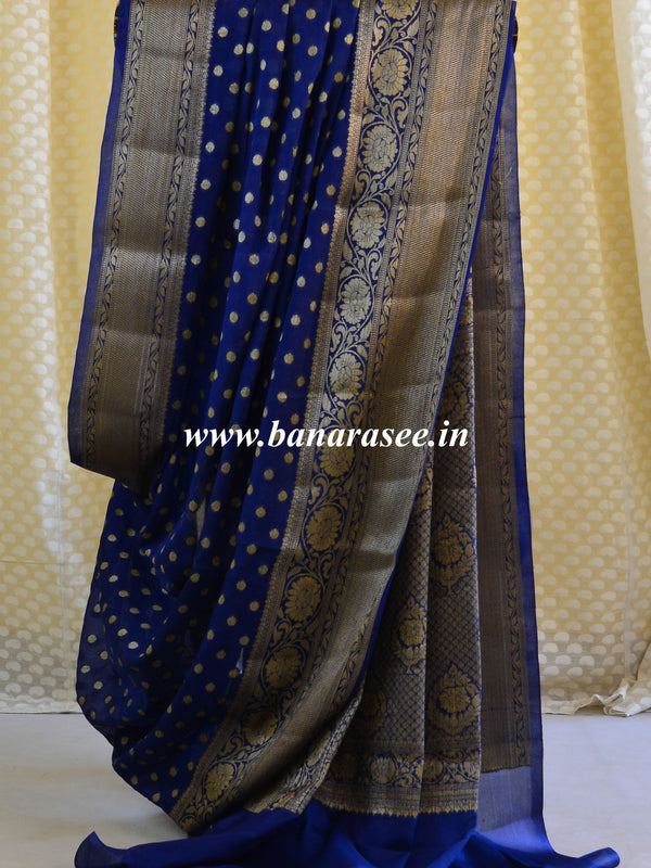 Banarasee Chiffon Floral Zari Buti & Border Saree-Persian Blue