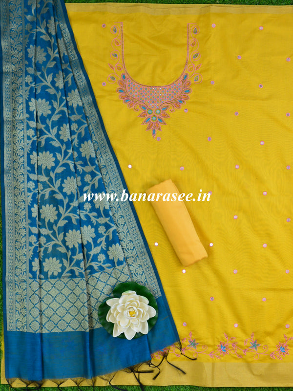 Banarasee Hand-Embroidery Chanderi Cotton Salwar Kameez Fabric With Art Silk Dupatta-Yellow