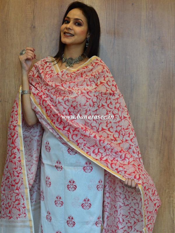 Banarasee Hand-Block Printed Chanderi Salwar Kameez Dupatta Fabric-White