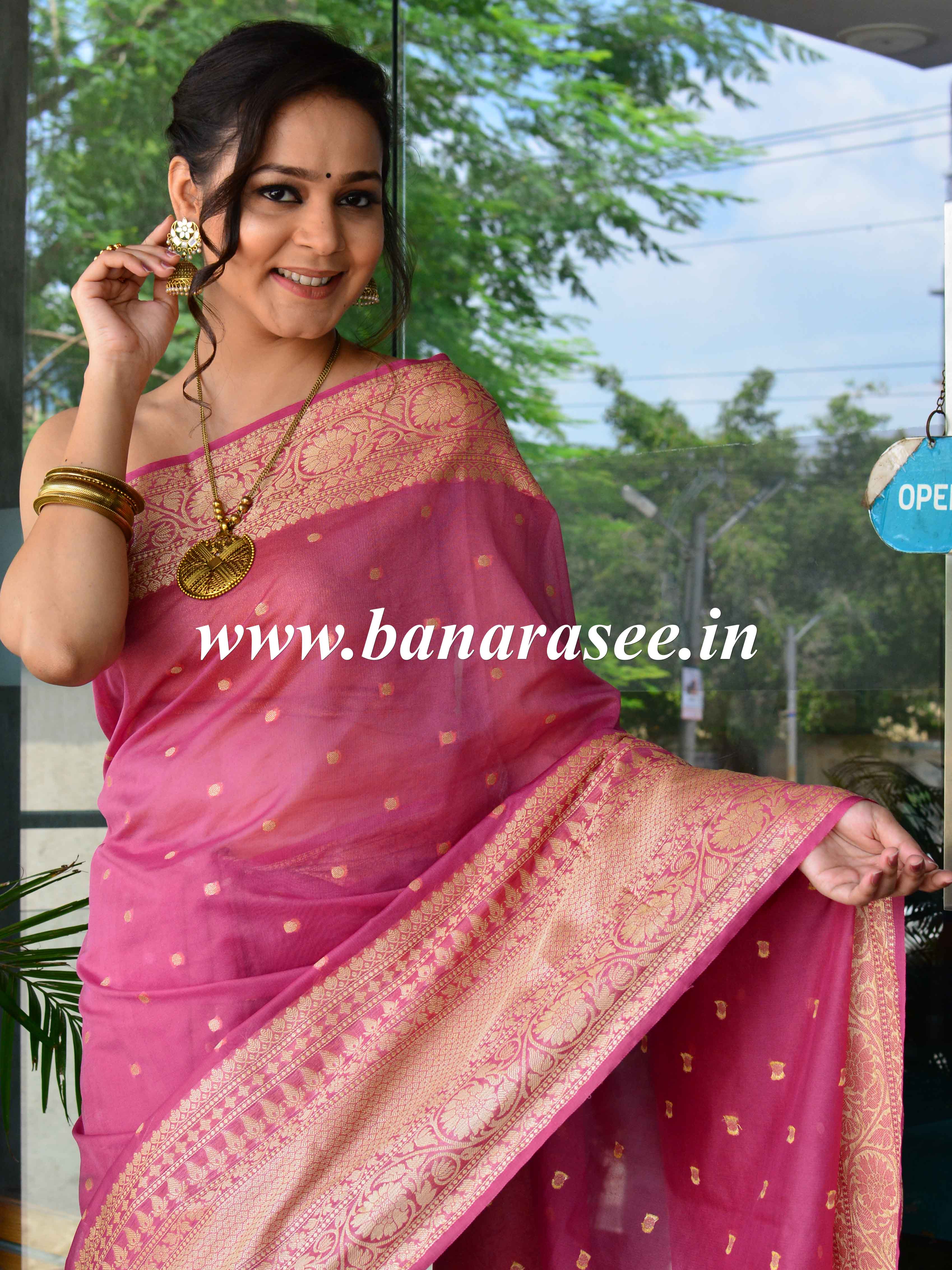 Banarasee Handwoven Semi-Chiffon Saree With Buti Design & Broad Floral Border-Onion Pink
