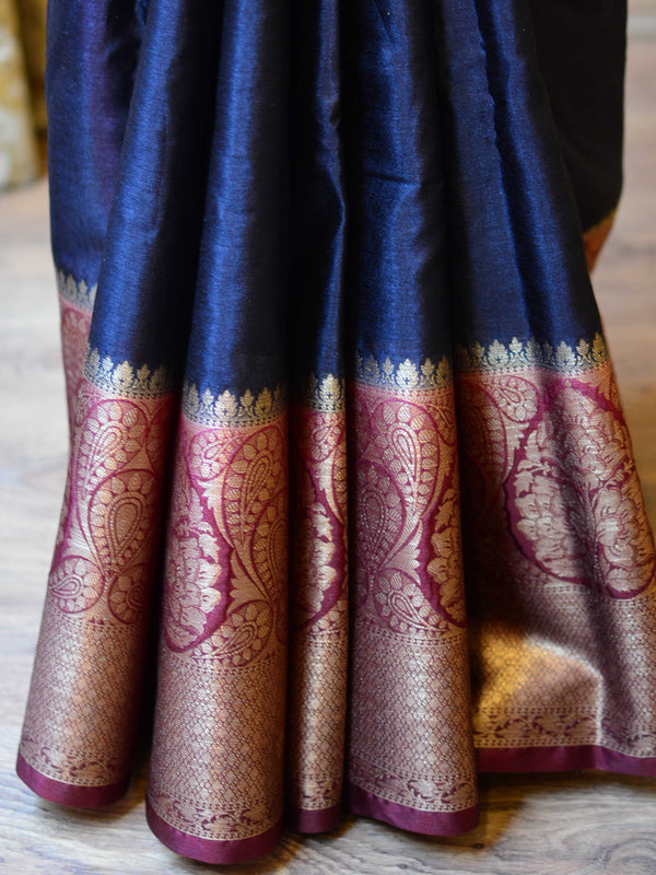Banarasee Handwoven Semi Silk Saree With Contrast Zari Border-Black