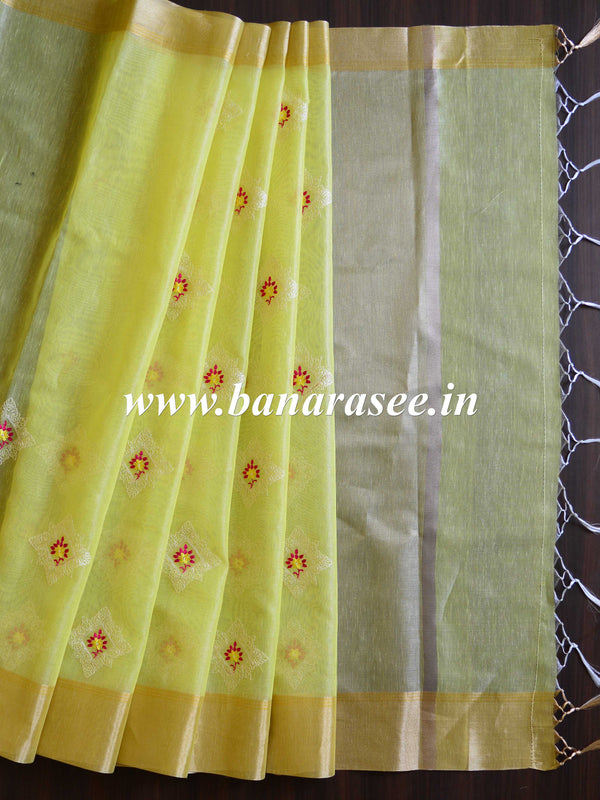 Banarasee Cotton Silk Saree With Embroidered Buta & Zari Border-Green