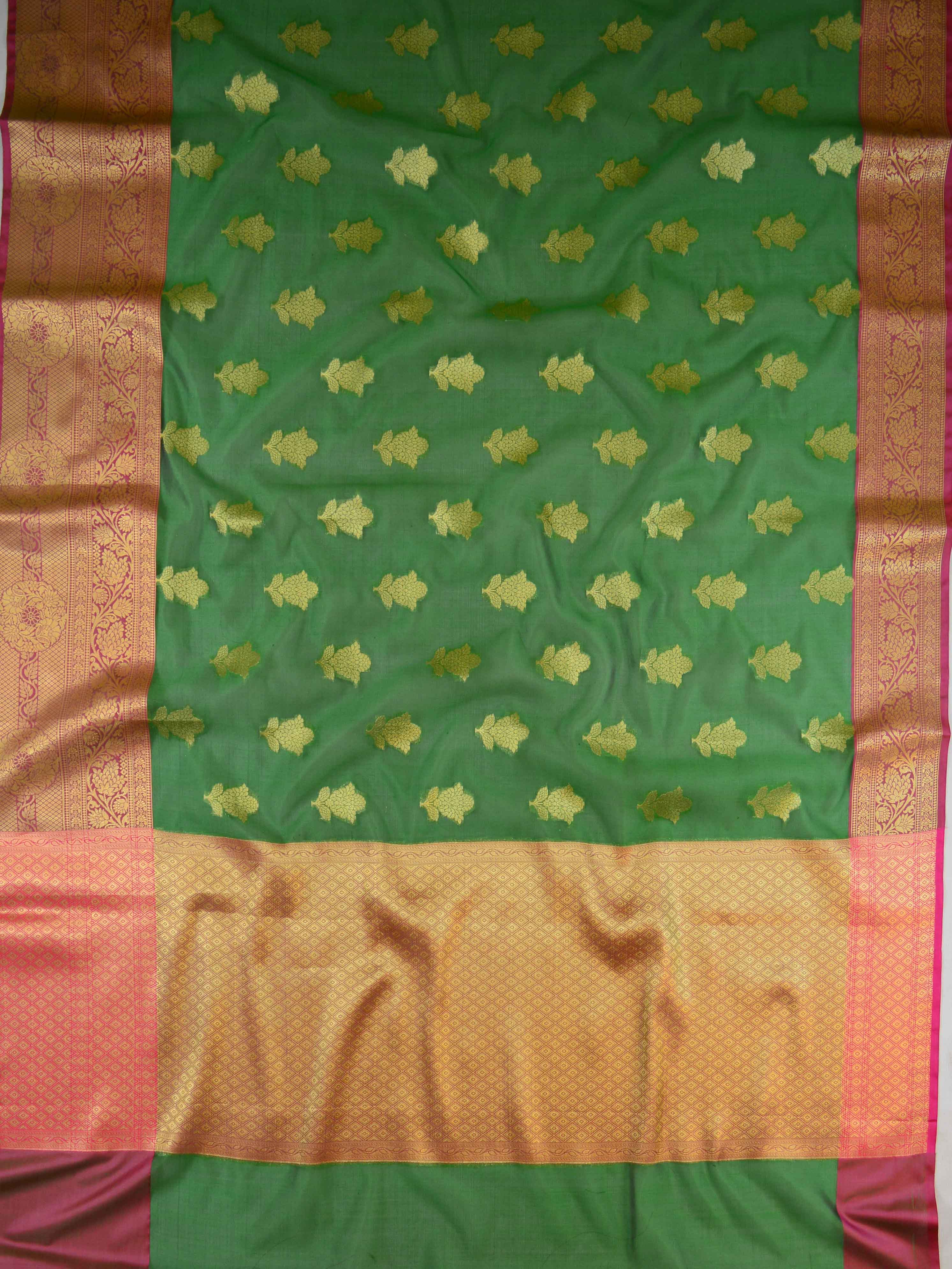 Banarasee Chanderi Cotton Saree With Buta Design & Broad Satin Border-Green