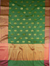 Banarasee Chanderi Cotton Saree With Buta Design & Broad Satin Border-Green