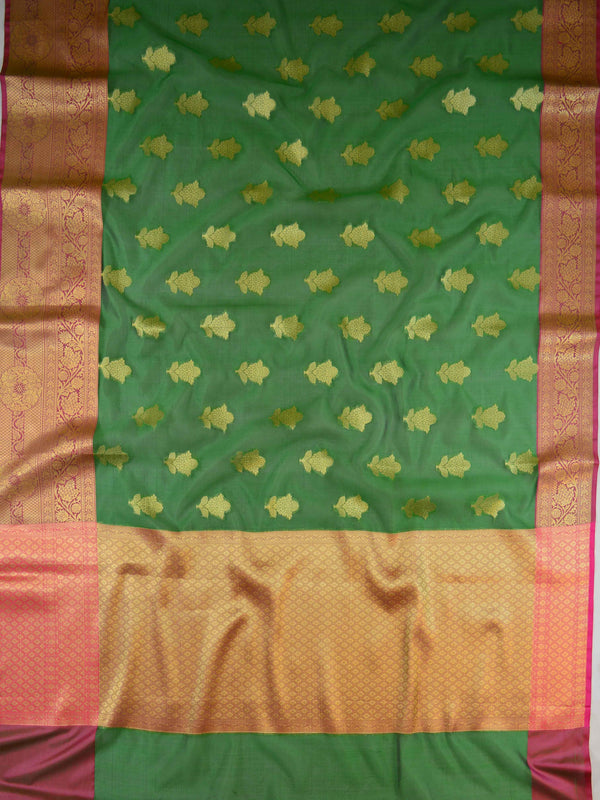 Banarasee Chanderi Cotton Saree With Buta Design & Broad Satin Border-Green