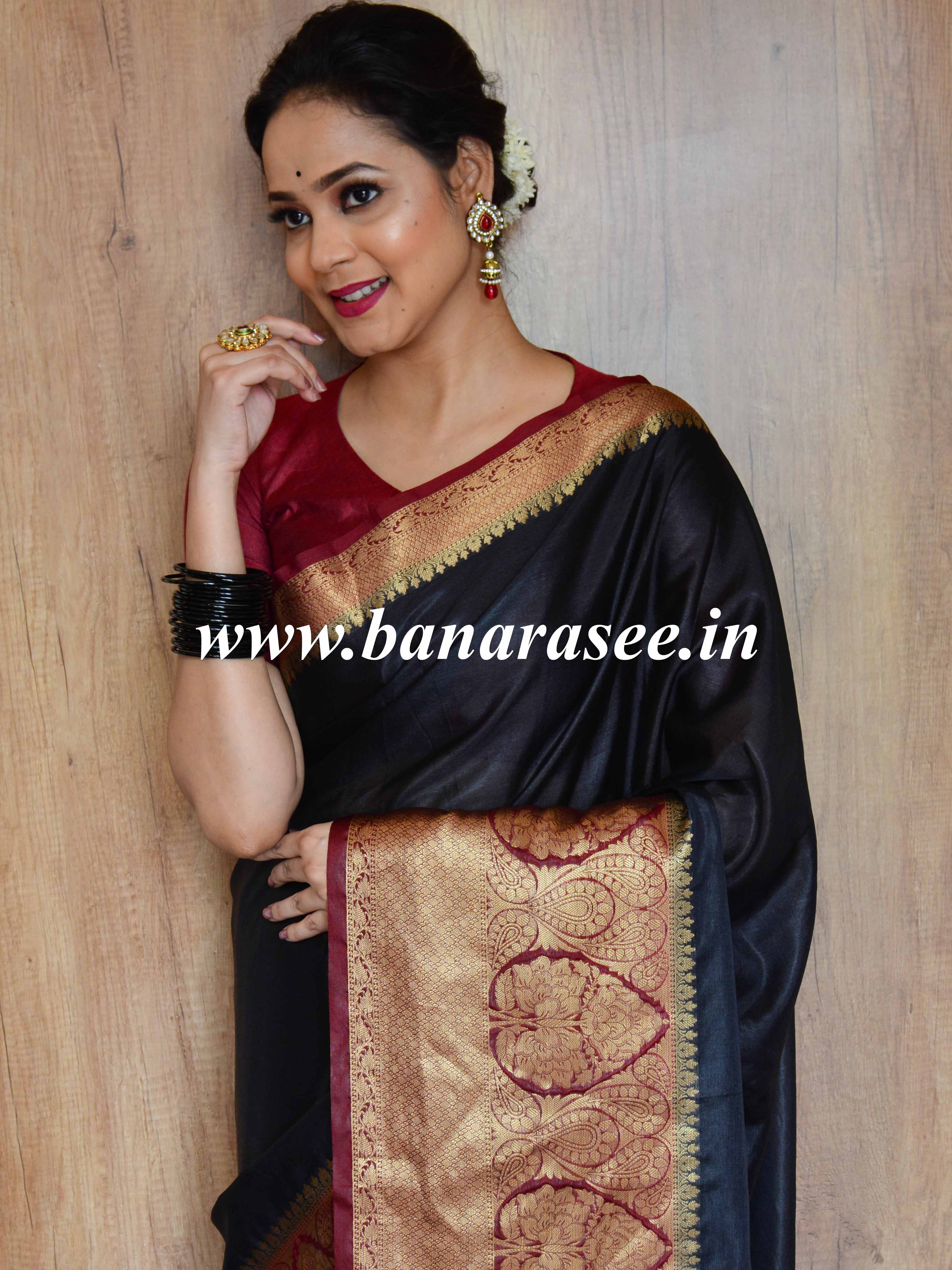 Banarasee Handwoven Semi Silk Saree With Contrast Zari Border-Black