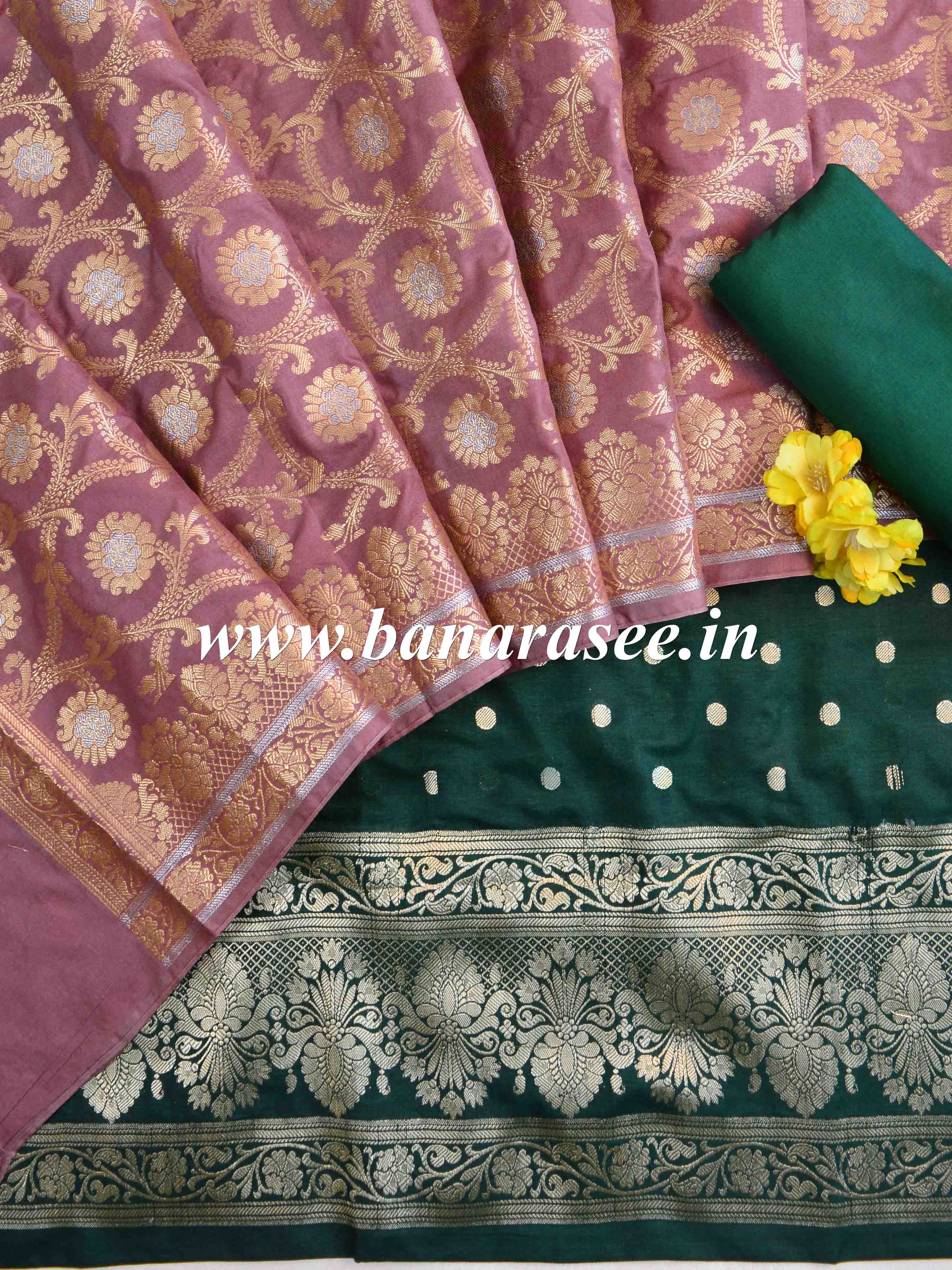 Banarasee Semi Katan Salwar Kameez Dupatta Set With Sona Rupa Zari Work-Green & Onion Pink