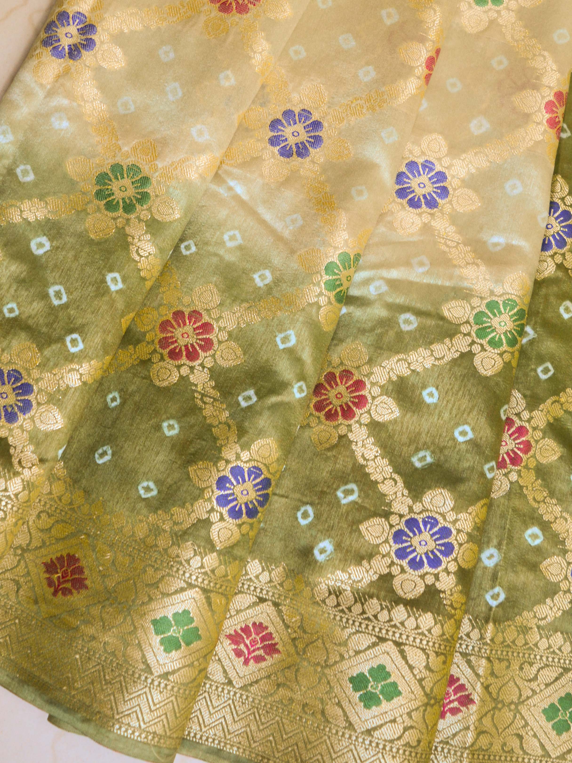 Banarasee Handwoven Semi-Silk Saree With Bandhej & Floral Zari Border-Olive Green