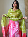 Bhagalpuri Silk Cotton Suit Set With Shibori Dye Design-Green & Red
