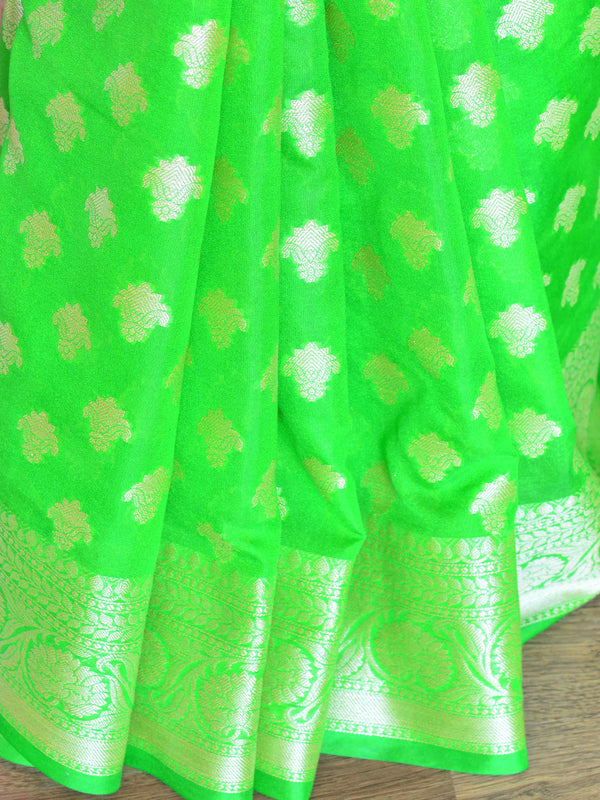 Banarasee Handwoven Semi-Chiffon Saree With Silver Zari Work-Green