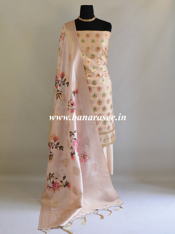 Banarasee Handloom Chanderi Cotton Salwar Kameez With Digital Print Dupatta-Pastel Pink