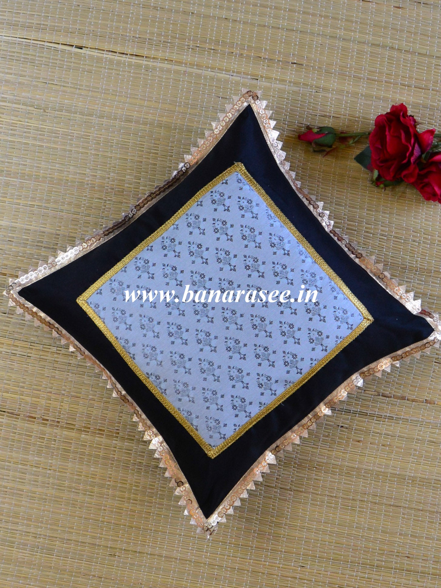 Banarasee Brocade Silk Cushion Cover-Black
