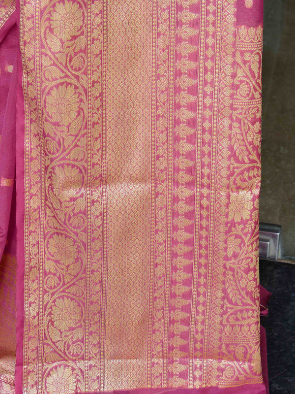 Banarasee Handwoven Semi-Chiffon Saree With Buti Design & Broad Floral Border-Onion Pink