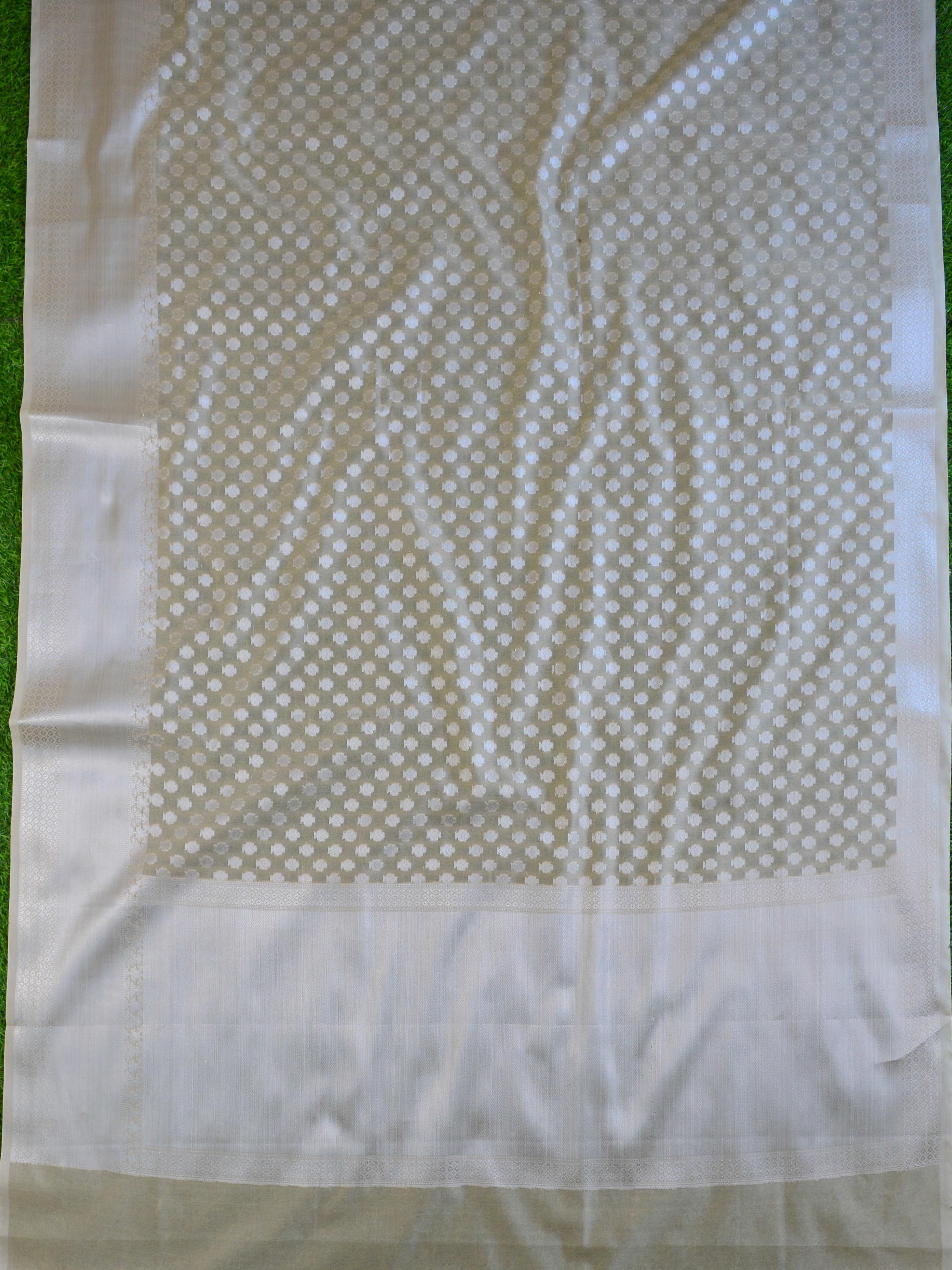Banarasee Cotton Silk Saree With Zari Buti & Border-Beige
