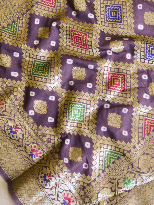 Banarasee Handwoven Semi-Silk Saree With Bandhej & Floral Zari Border-Mauve