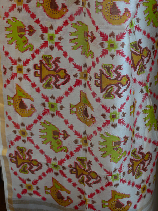Banarasee Hand-Block Printed Chanderi Salwar Kameez Dupatta Fabric-White