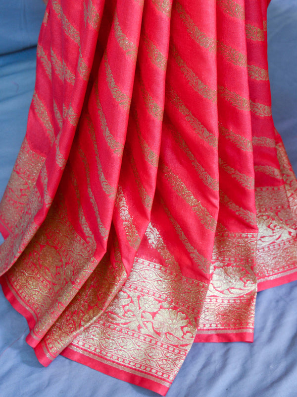 Banarasee Faux Georgette Saree With Zari Stripes Design & Floral Border-Peach