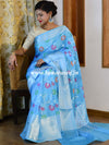 Handwoven Semi Silk Saree With Jaal Design & Silver Zari Border-Sky Blue