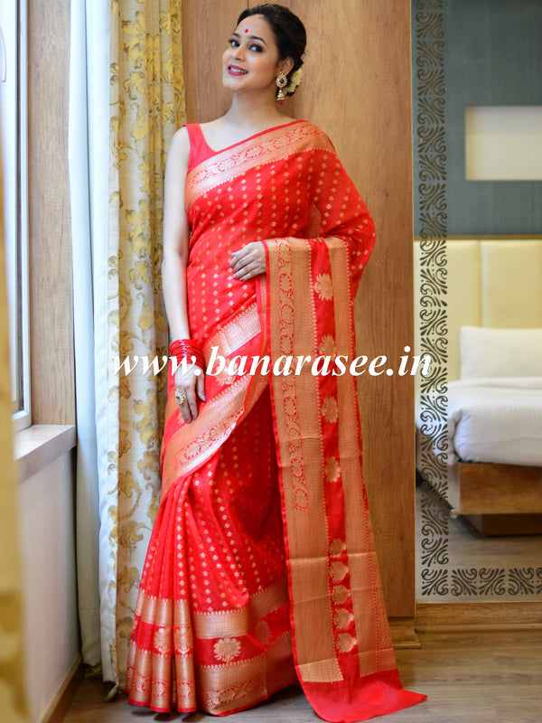 Banarasee Handwoven Semi-Chiffon Saree With Floral Border & Buti-Red