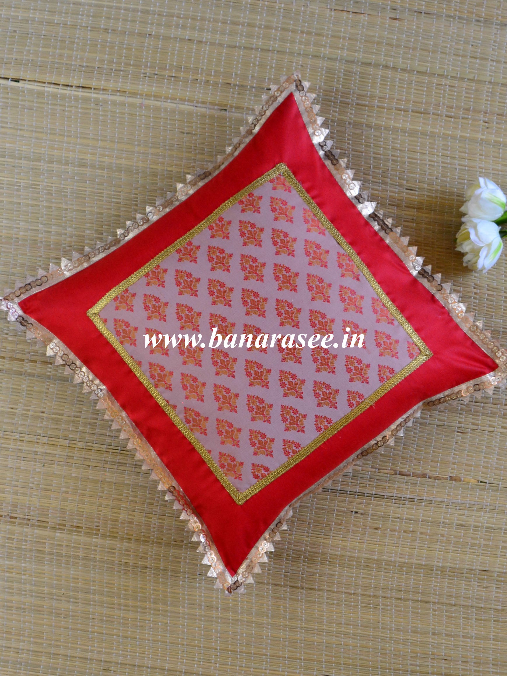 Banarasee Brocade Silk Cushion Cover-Red