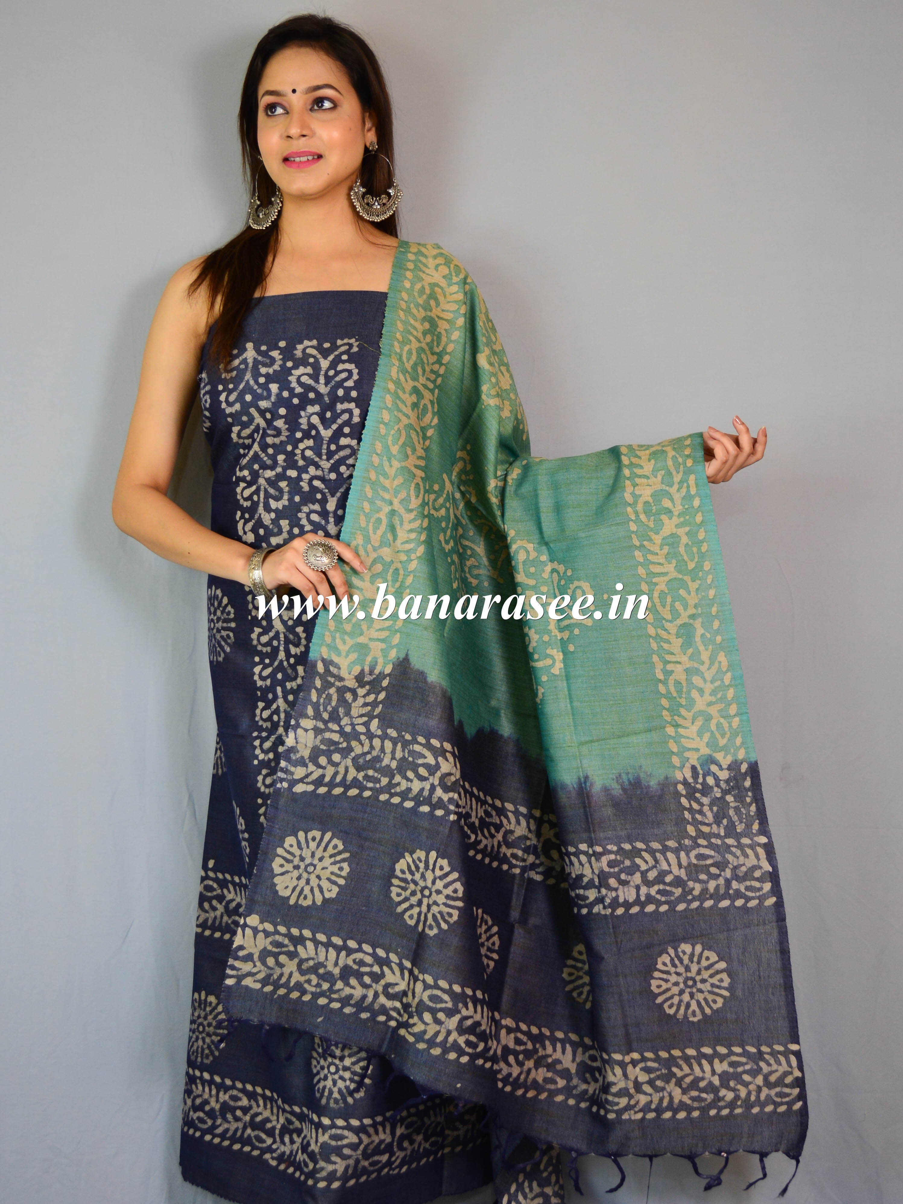 Handloom Khadi Cotton Hand-Dyed Batik Pattern Salwar Kameez Dupatta Set-Blue & Green